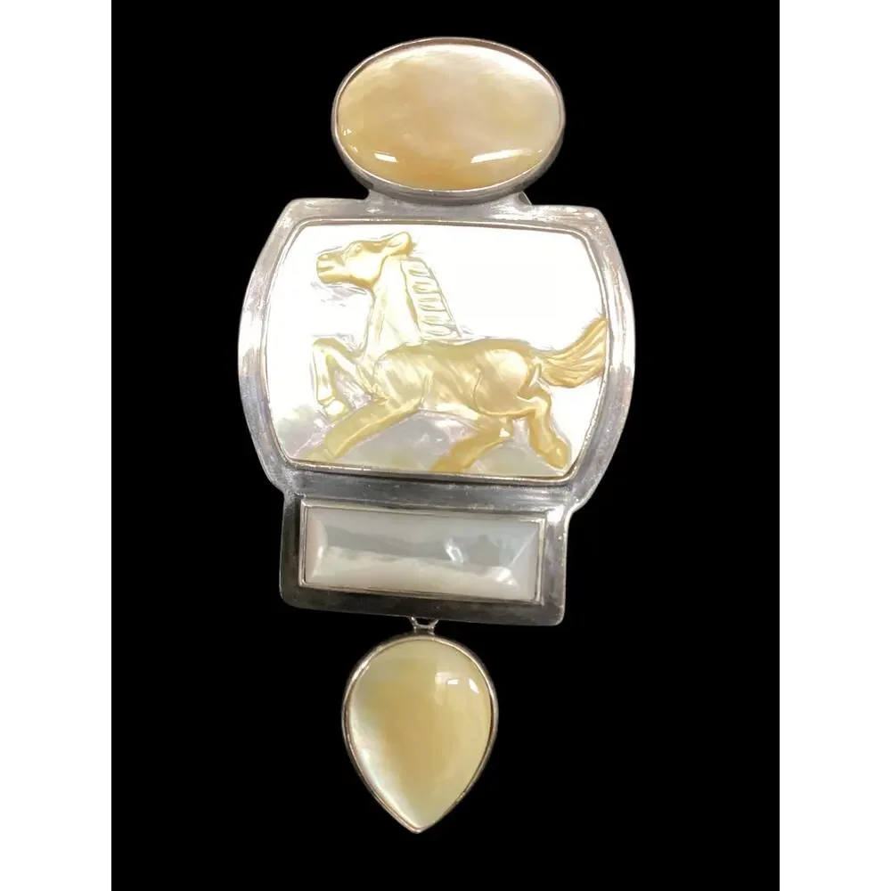 Vintage Sterling Silver 925 Mother Of Pearl Carved Horse Cameo Mint Condition